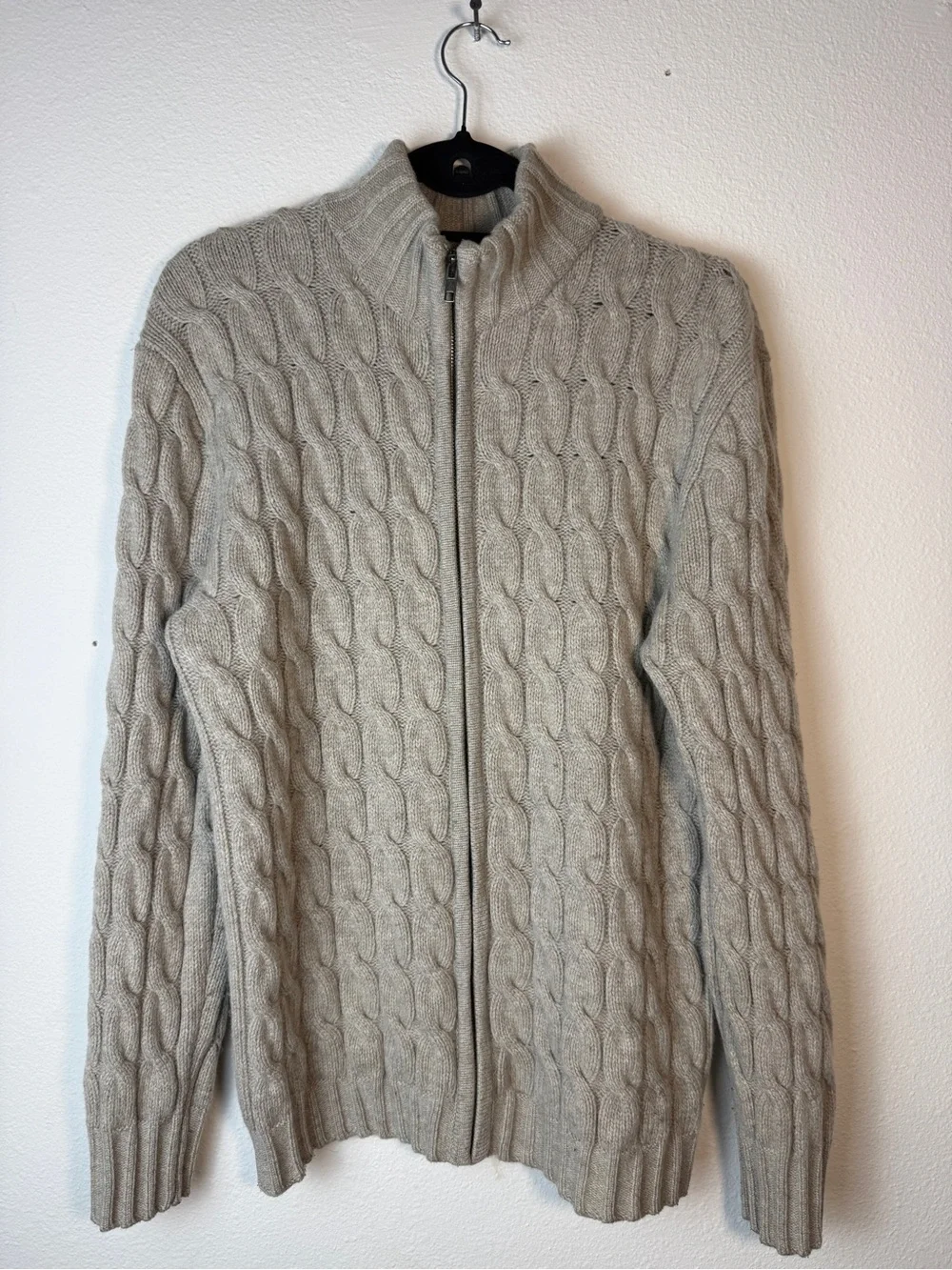 Allen Solly Mens Cable Knit Cardigan Full Zip Lambswool Gray Sweater L Vintage